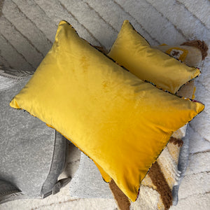 Housse Coussin Velours Jaune Moutarde, bordure coton ciré coloré 40x60cm