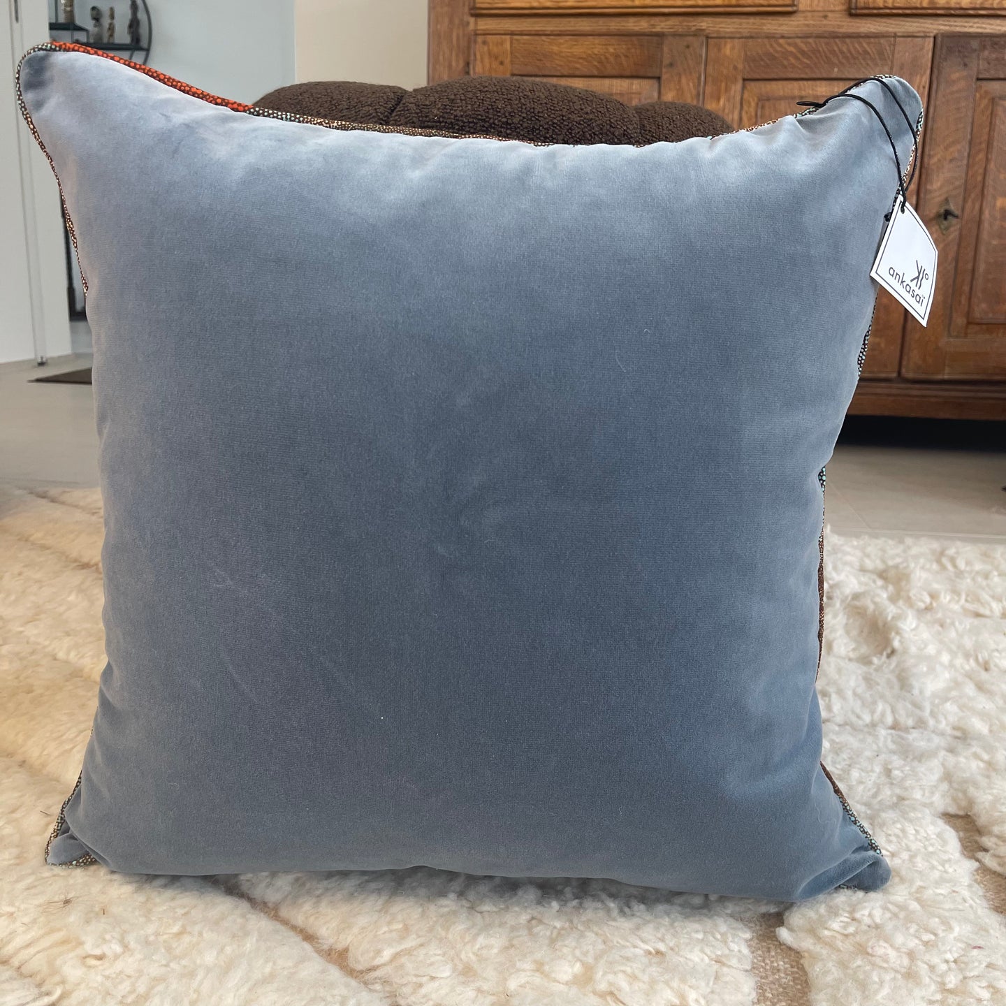 Housse Coussin Velours Gris, bordure coton ciré coloré 50x50cm